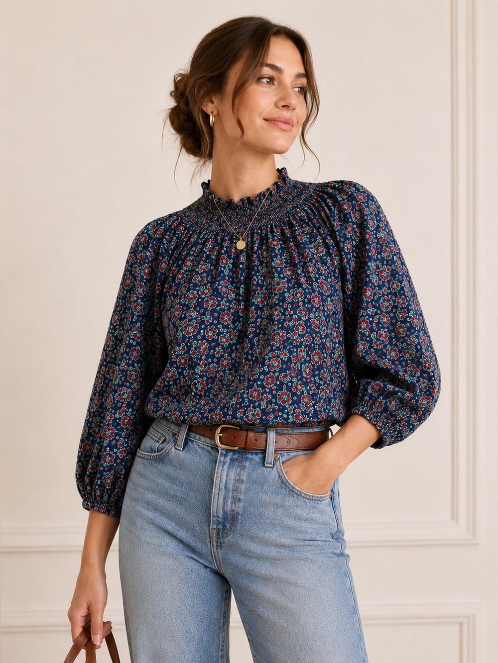 J. Crew Printed smocked-neck top Size Small